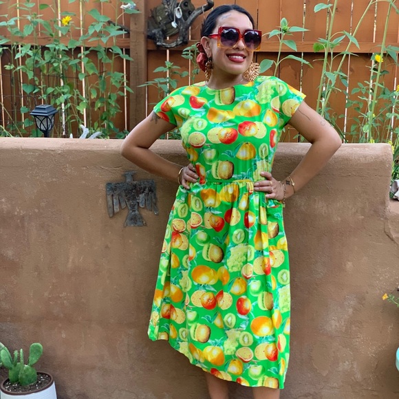 Vintage 1980s Tropical Fruit Green Dress Mod Farmers Market Chic M/L - Picture 1 of 9
